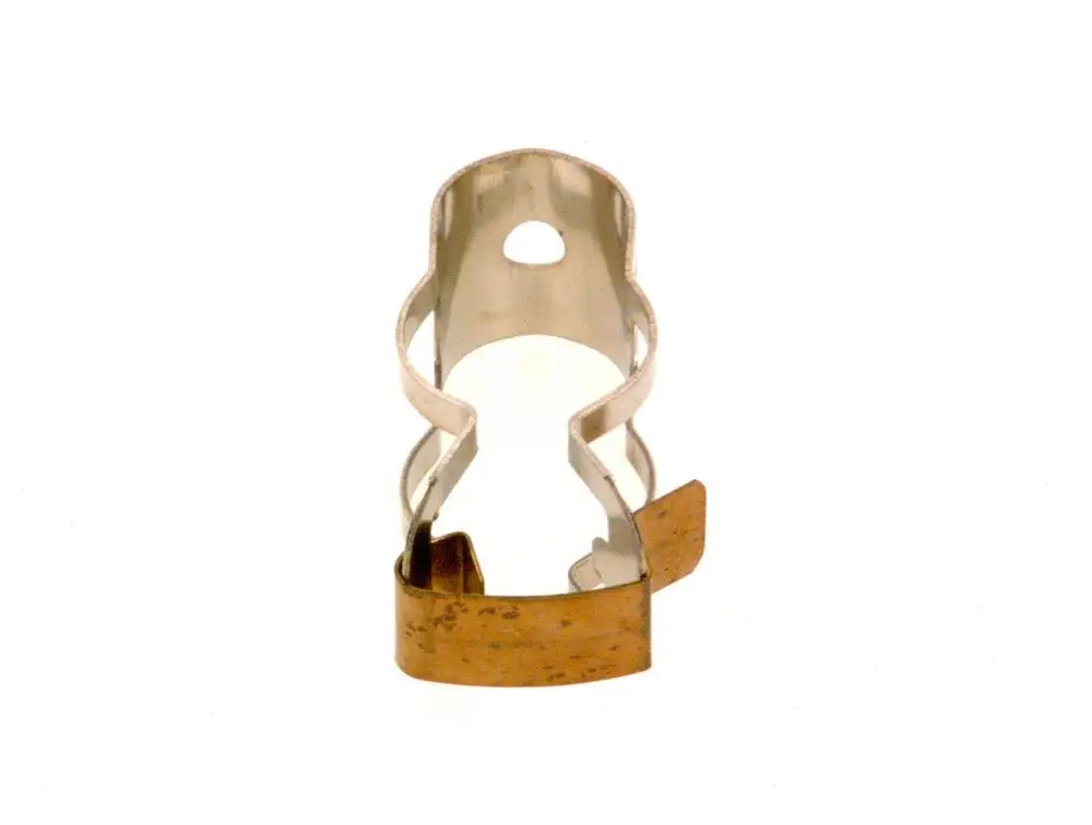 Kleine metallische Klammer von Bosch mit einer gebogenen Form und einer braunen Basis. Geeignet für verschiedene Montage- und Befestigungsanwendungen.